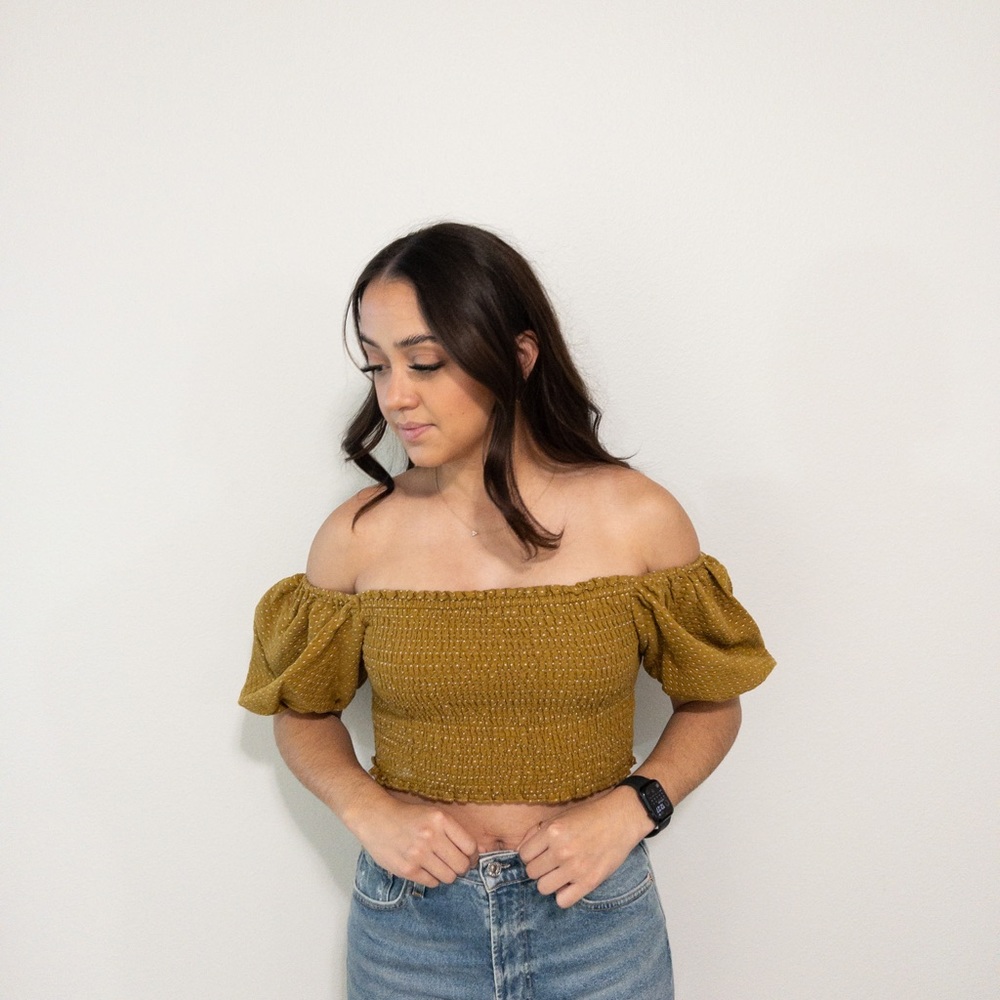 Wild Fable Smocked Crop Top Puff Sleeve in Mustard Yellow